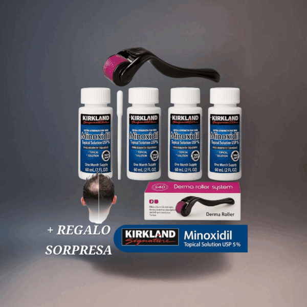 PROMO: Minoxidil x 4 unidades + Dermaroller + Gotero aplicación + regalo sorpresa