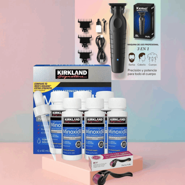PROMOCIÓN SET FULL CAJA DE 6 MINOXIDIL SELLADA + RODILLO DERMAROLLER + CORTADORA DE PELO CORPORAL