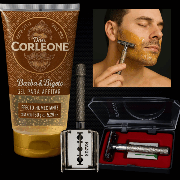 kIT PARA AFEITADO MAQUINA DE AFEITAR METALICA REUTILIZABLE VINTAGE ECOIFRIENDLY + GEL DE AGEITAR + 10 HOJAS DE REPUESTOK