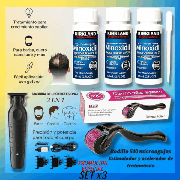 PROMOCIÓN Tratamiento de 3 meses para el crecimiento del cabello y barba + DERMAROLLER + MAQUINA CORTA PELO Y CORPORAL